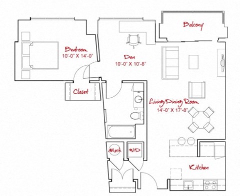 Floor plan for 1 bed, 1 bath, 869 sqft