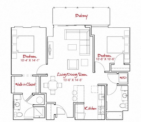 Floor plan for 2 beds, 2 baths, 1084 sqft