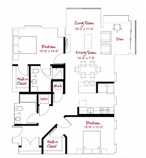 Floor plan for 2 beds, 2 baths, 1169 sqft