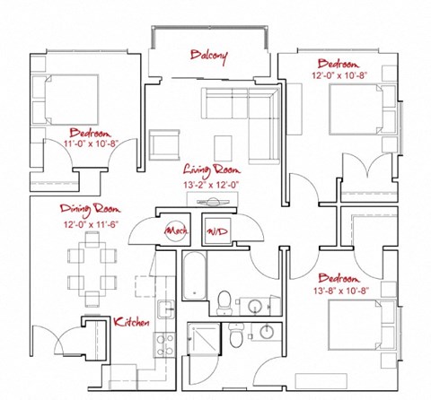 Floor plan for 3 beds, 2 baths, 1164 sqft