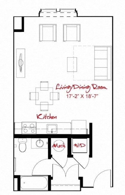 Floor plan for studio, 1 bath, 578 sqft