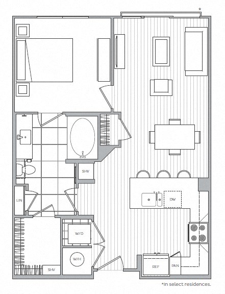 Floor plan for 1 bed, 1 bath, 722 sqft