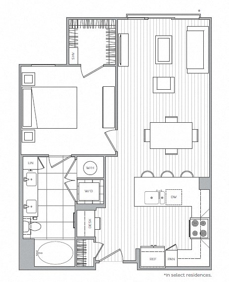 Floor plan for 1 bed, 1 bath, 760 sqft