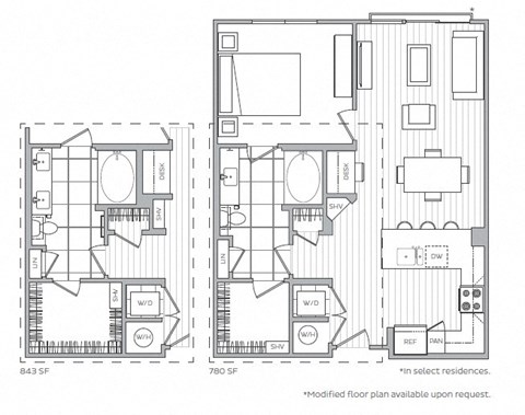 Floor plan for 1 bed, 1 bath, 843 sqft