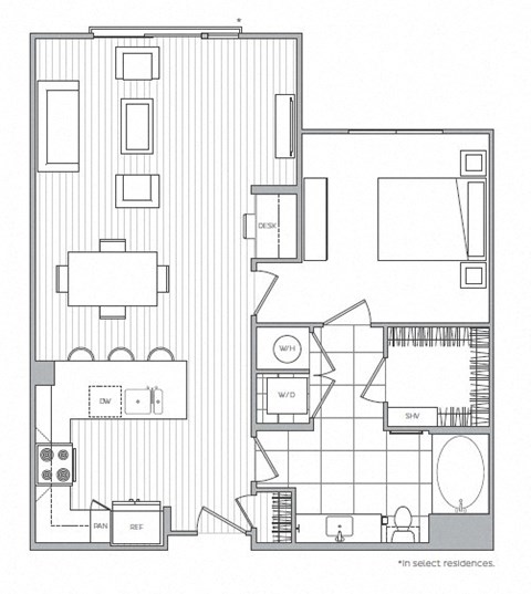 Floor plan for 1 bed, 1 bath, 874 sqft