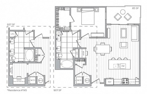 Floor plan for 1 bed, 1 bath, 901 sqft