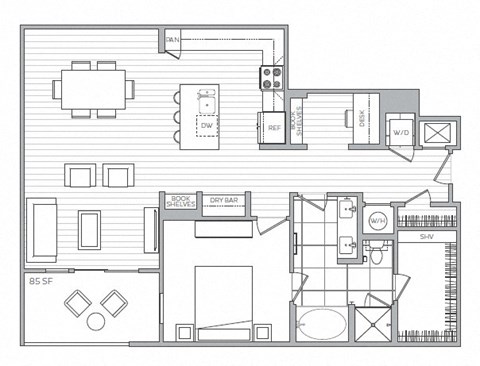 Floor plan for 1 bed, 1 bath, 1115 sqft