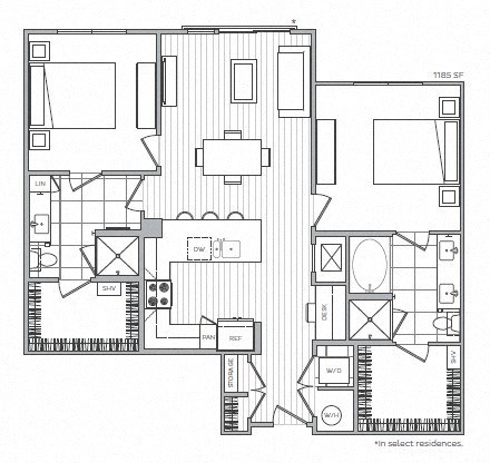 Floor plan for 2 beds, 2 baths, 1185 sqft