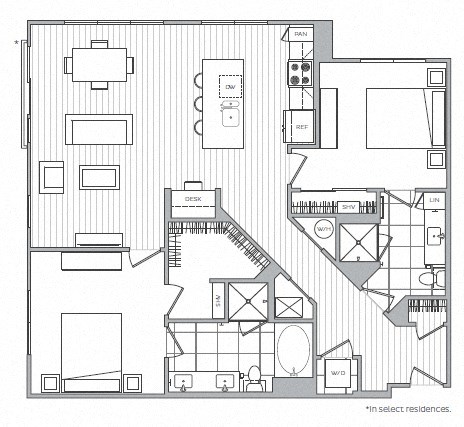 Floor plan for 2 beds, 2 baths, 1305 sqft