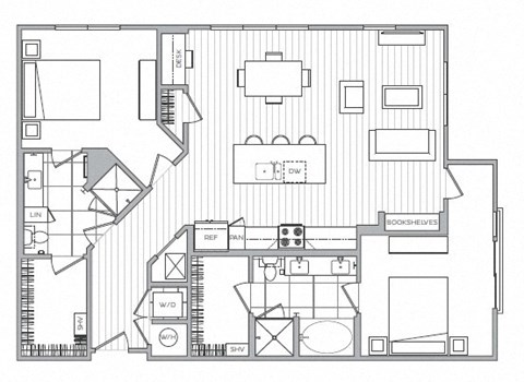 Floor plan for 2 beds, 2 baths, 1309 sqft