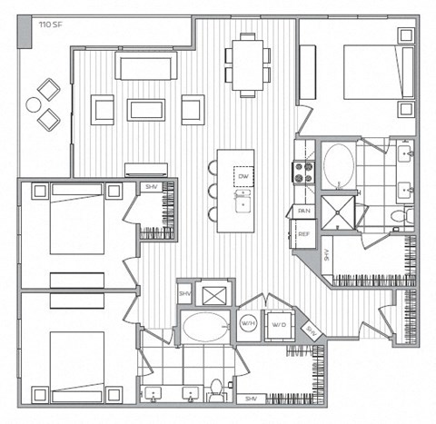 Floor plan for 3 beds, 2 baths, 1455 sqft