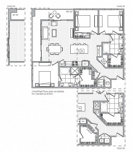 Floor plan for 3 beds, 2 baths, 1448 sqft