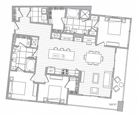 Floor plan for 3 beds, 2 baths, 1516 sqft