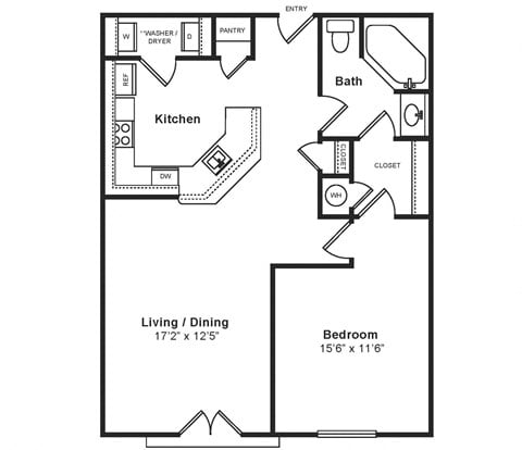 Floor plan for 1 bed, 1 bath, 720 sqft