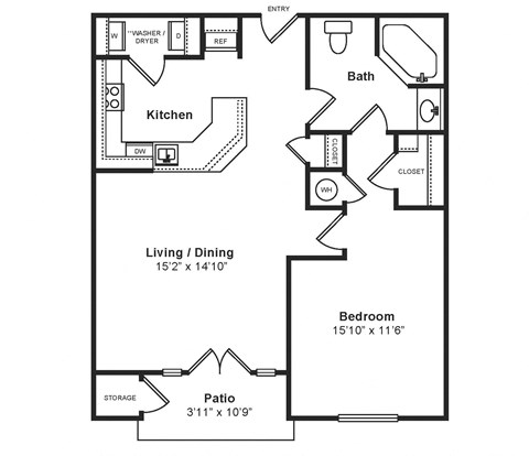 Floor plan for 1 bed, 1 bath, 702 sqft