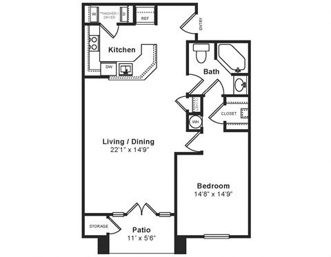 Floor plan for 1 bed, 1 bath, 845 sqft