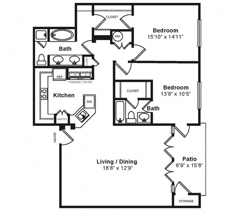 Floor plan for 2 beds, 2 baths, 1503 sqft