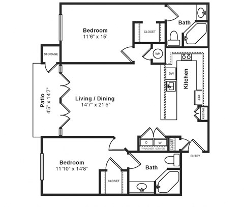 Floor plan for 2 beds, 2 baths, 1232 sqft