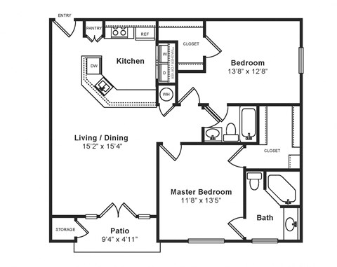 Floor plan for 2 beds, 2 baths, 1030 sqft