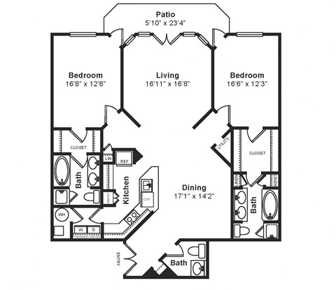 Floor plan for 2 beds, 2.5 baths, 1837 sqft