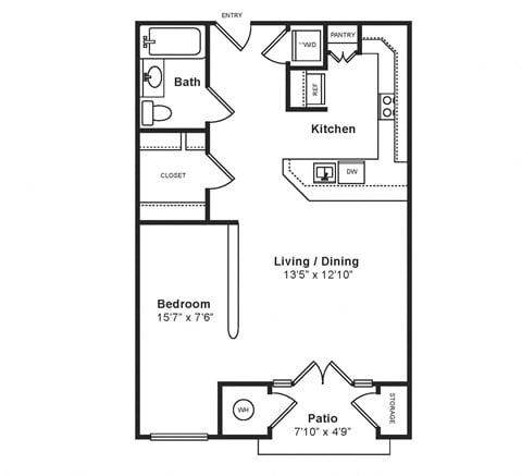 Floor plan for studio, 1 bath, 544 sqft