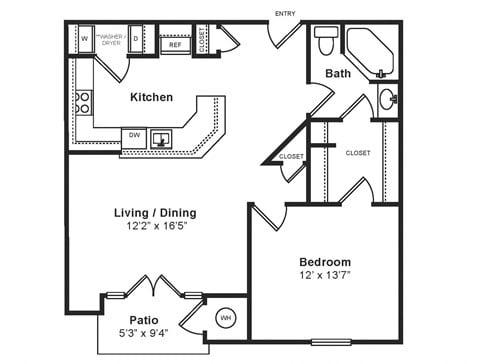 Floor plan for 1 bed, 1 bath, 802 sqft