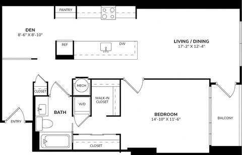 Floor plan for 1 bed, 1 bath, 971 sqft