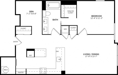 Floor plan for 1 bed, 1 bath, 973 sqft