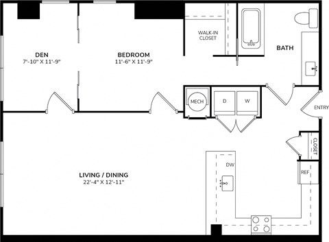 Floor plan for 1 bed, 1 bath, 981 sqft