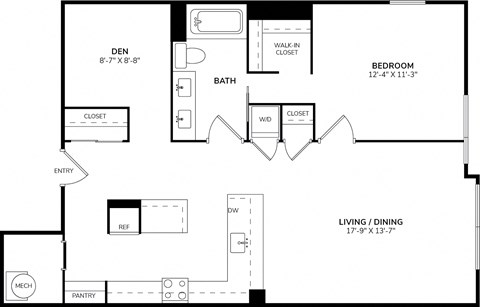 Floor plan for 1 bed, 1 bath, 985 sqft