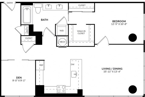 Floor plan for 1 bed, 1 bath, 992 sqft