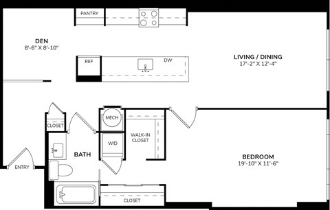 Floor plan for 1 bed, 1 bath, 1028 sqft