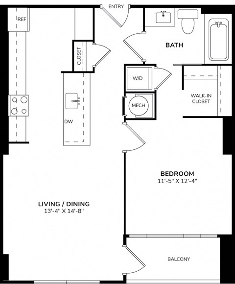 Floor plan for 1 bed, 1 bath, 733 sqft
