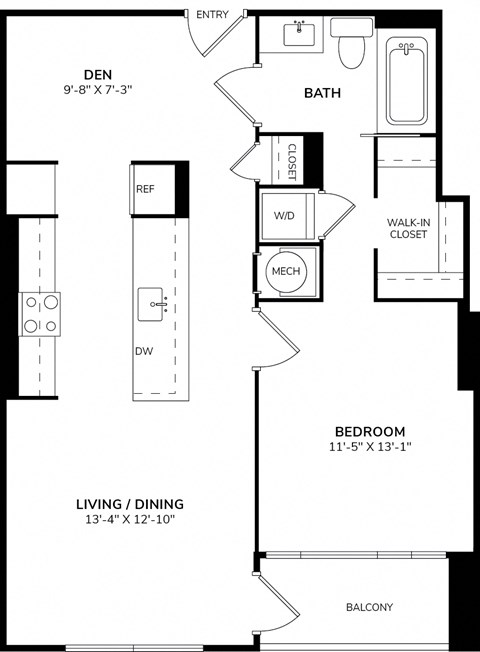 Floor plan for 1 bed, 1 bath, 820 sqft