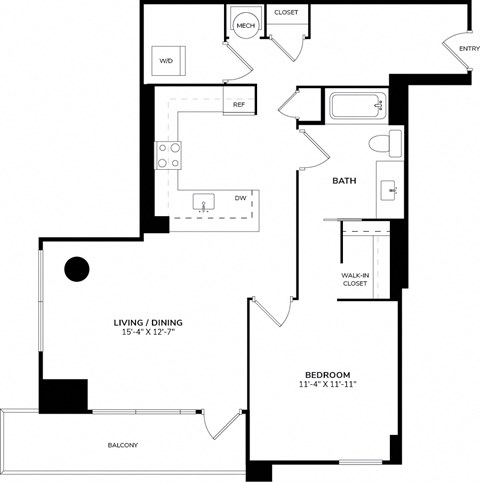 Floor plan for 1 bed, 1 bath, 825 sqft