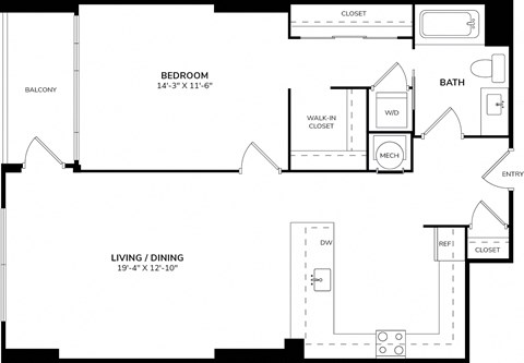 Floor plan for 1 bed, 1 bath, 843 sqft