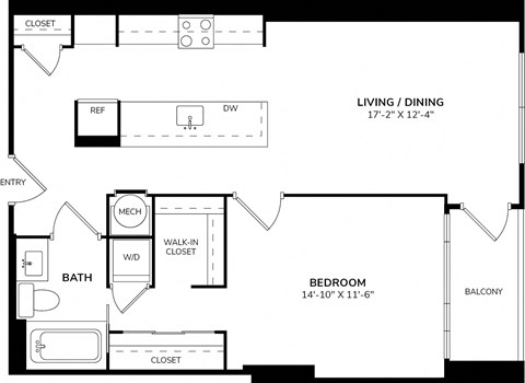 Floor plan for 1 bed, 1 bath, 868 sqft