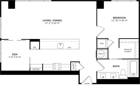 Floor plan for 1 bed, 1 bath, 920 sqft