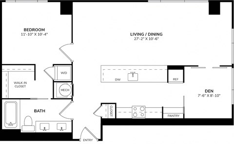 Floor plan for 1 bed, 1 bath, 922 sqft
