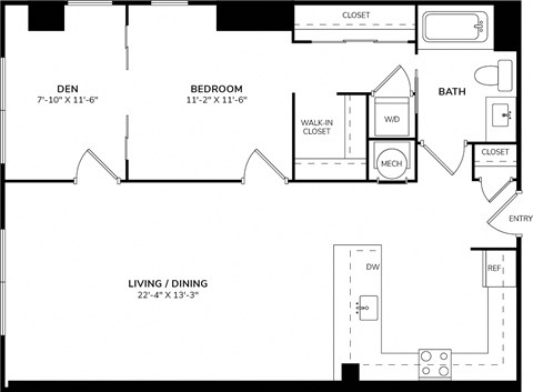 Floor plan for 1 bed, 1 bath, 963 sqft