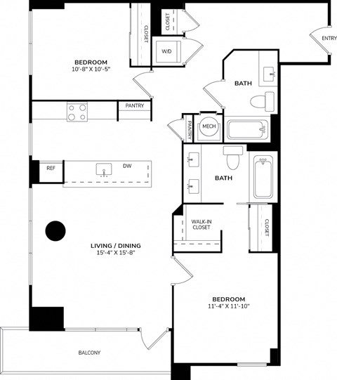 Floor plan for 2 beds, 2 baths, 1129 sqft