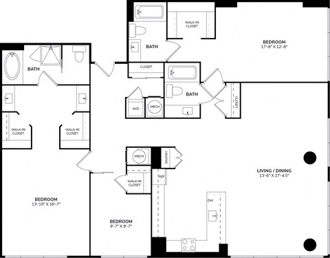Floor plan for 2 beds, 3 baths, 2081 sqft
