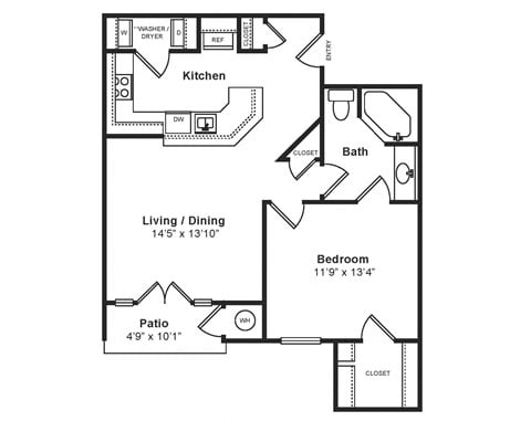 Floor plan for 1 bed, 1 bath, 666 sqft