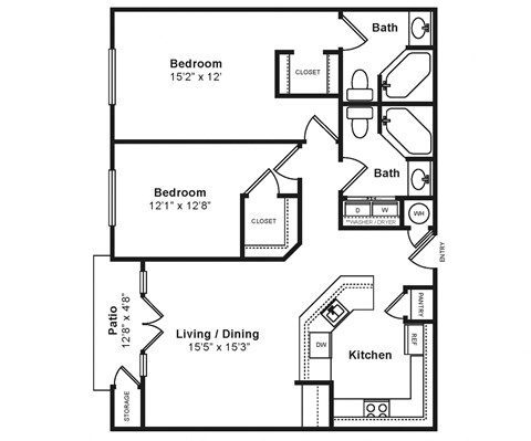 Floor plan for 2 beds, 2 baths, 1100 sqft