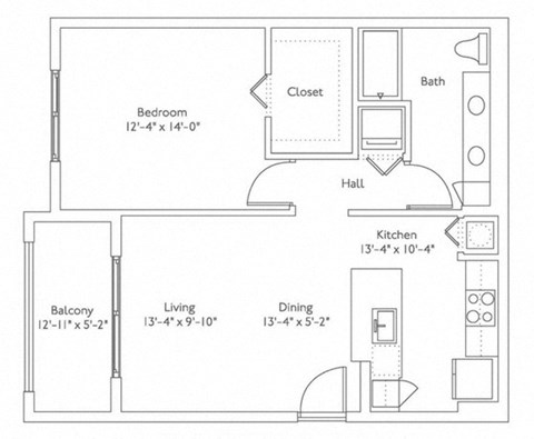 Floor plan for 1 bed, 1 bath, 776 sqft