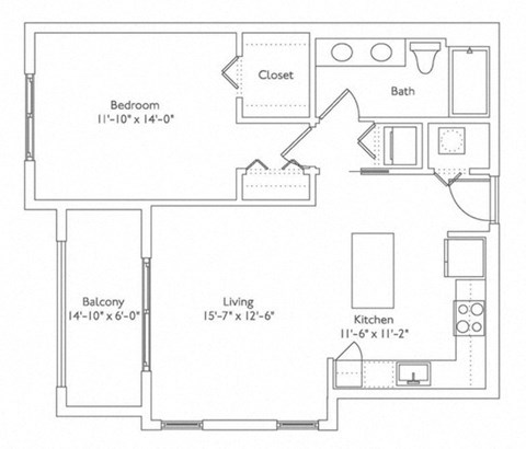 Floor plan for 1 bed, 1 bath, 800 sqft