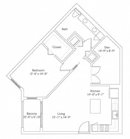 Floor plan for 1 bed, 1 bath, 938 sqft