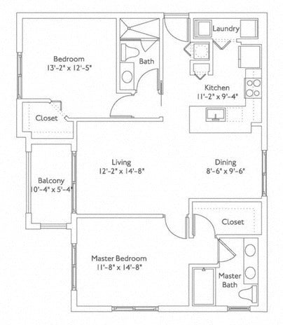 Floor plan for 2 beds, 2 baths, 1101 sqft