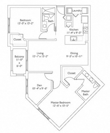 Floor plan for 2 beds, 2 baths, 1243 sqft