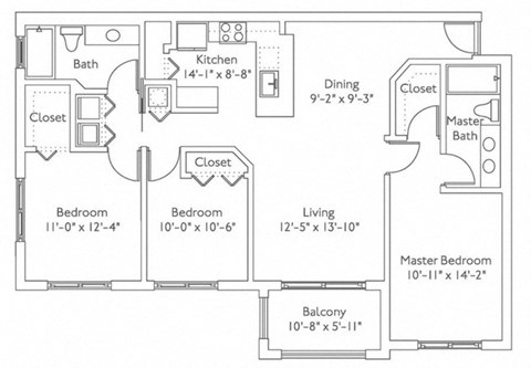 Floor plan for 3 beds, 2 baths, 1266 sqft